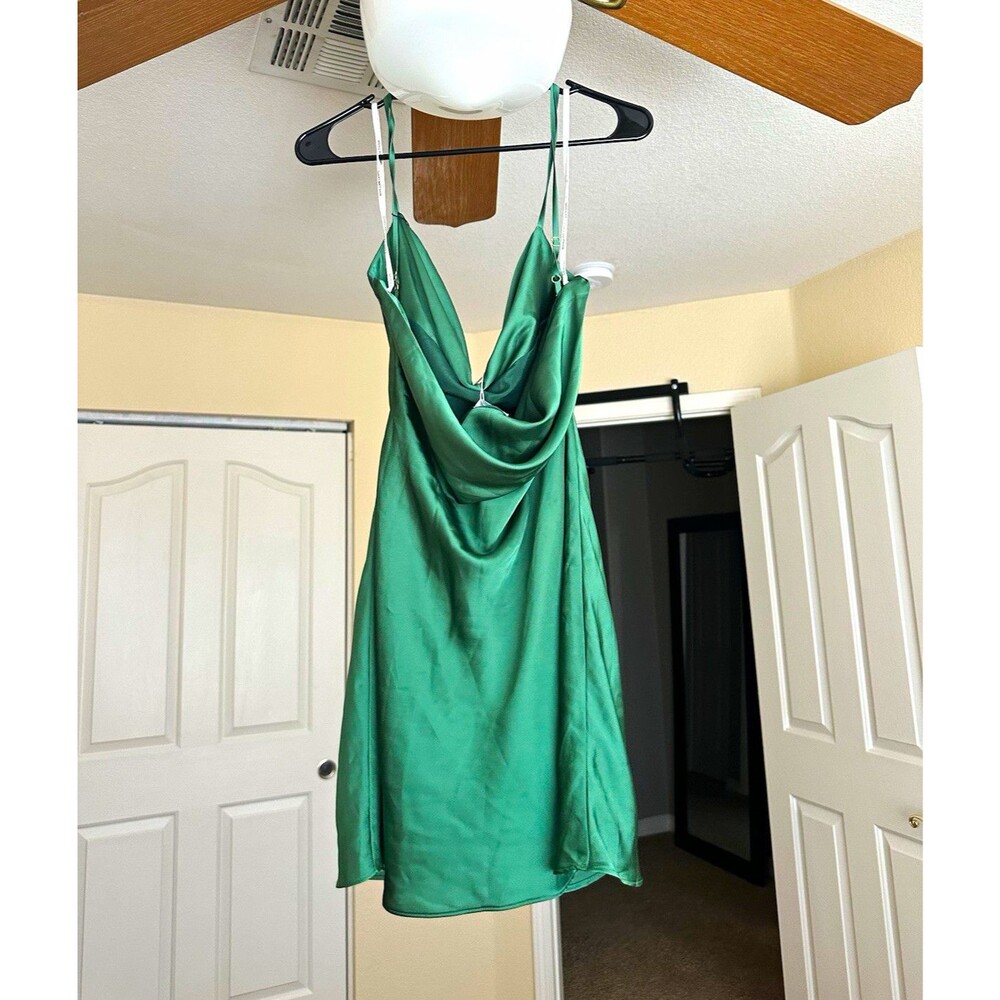 Lulus Green Satin Cowl Neck Spaghetti Strap Mini Slip Dress Adjustable